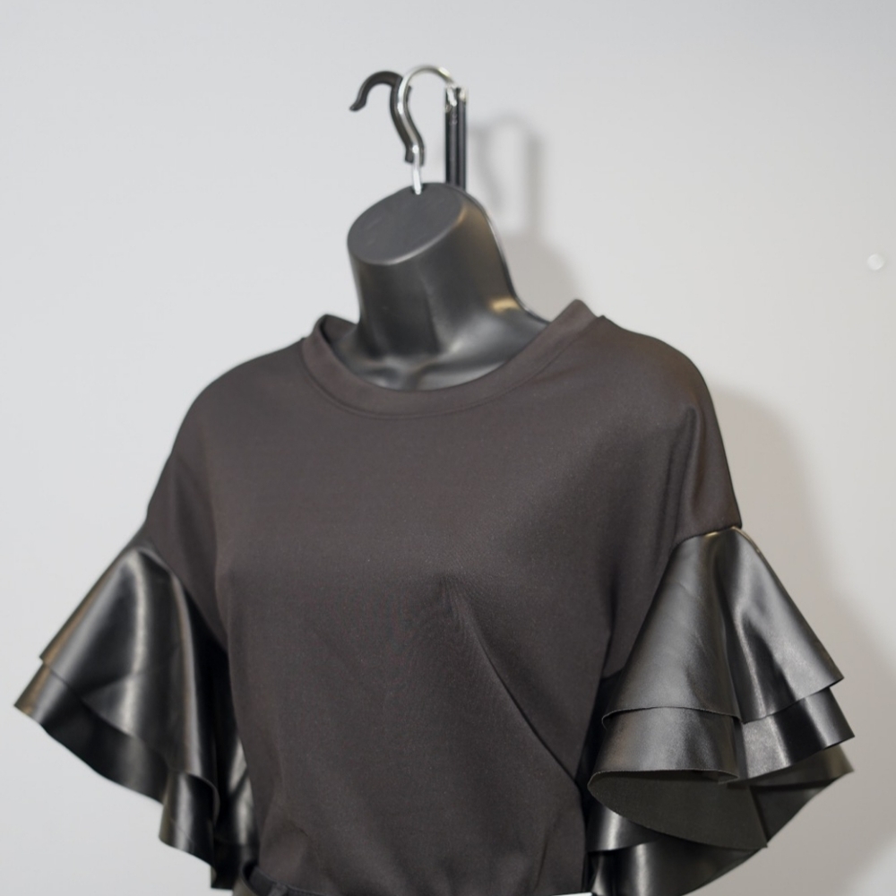 Faux leather ruffled sleeve shirt